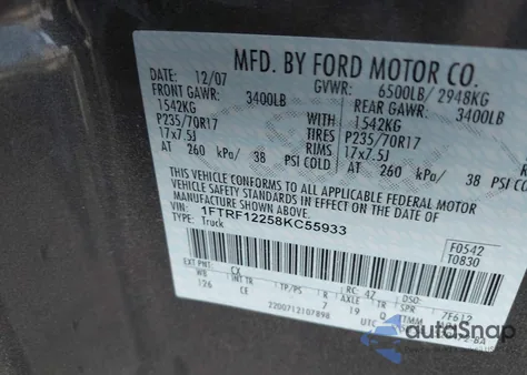 2008 Ford F-150 Stx/Xl/Xlt z USA, uszkodzony, nr VIN 1FTRF12258KC55933